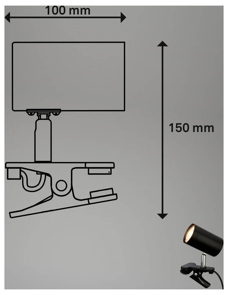 Lampa montirana na stezalicu s pravokutnom hljebinom; dimenzije prikazane kao 100 mm široke i 150 mm visoke, s malim primjerom reflektora u donjem desnom kutu.