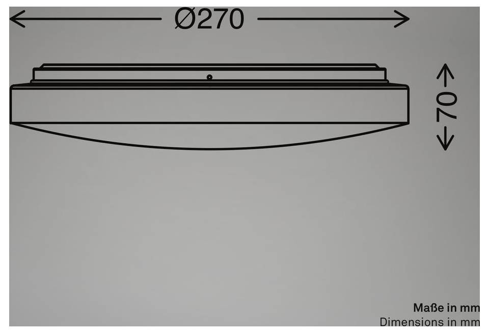 Tehnički crtež okruglog stropnog svjetiljskog elementa, označen sa Ø270 mm širine i ispod 70 mm visine, s dimenzijama označenim u milimetrima.