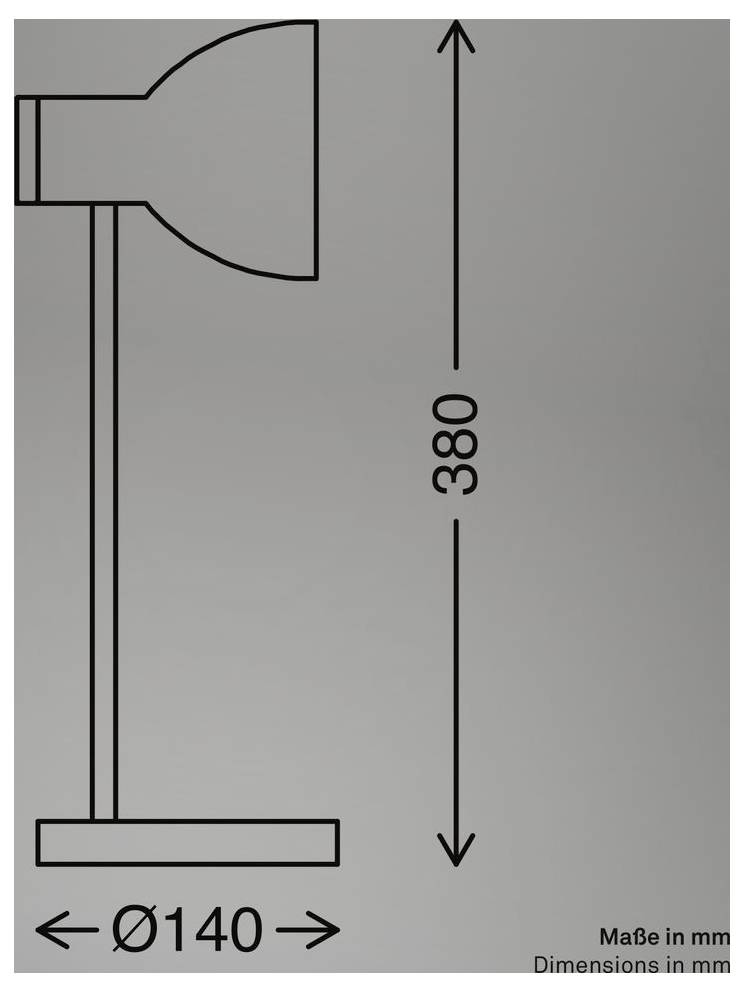 Tehnički dijagram lampe sa dimenzijama: visina 380 mm i promjer baze Ø140 mm.