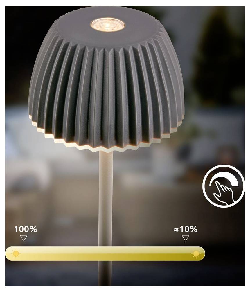 Lampa sa klizačem kontrole svjetline na dnu, koja pokazuje 100% s lijeve strane i oko 10% s desne strane, plus ikona dodira i pokreta.