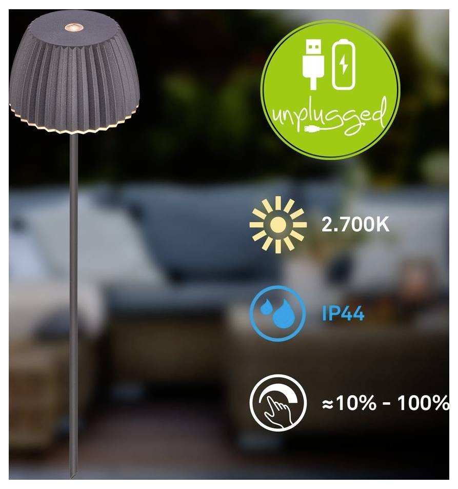 Vanjska podna lampa sa naboranom sjenilom i kolcem, označena kao 'bez struje'; karakteristike uključuju toplu boju svjetla 2700K, vodootpornost IP44 i mogućnost prigušivanja od 10% do 100%.