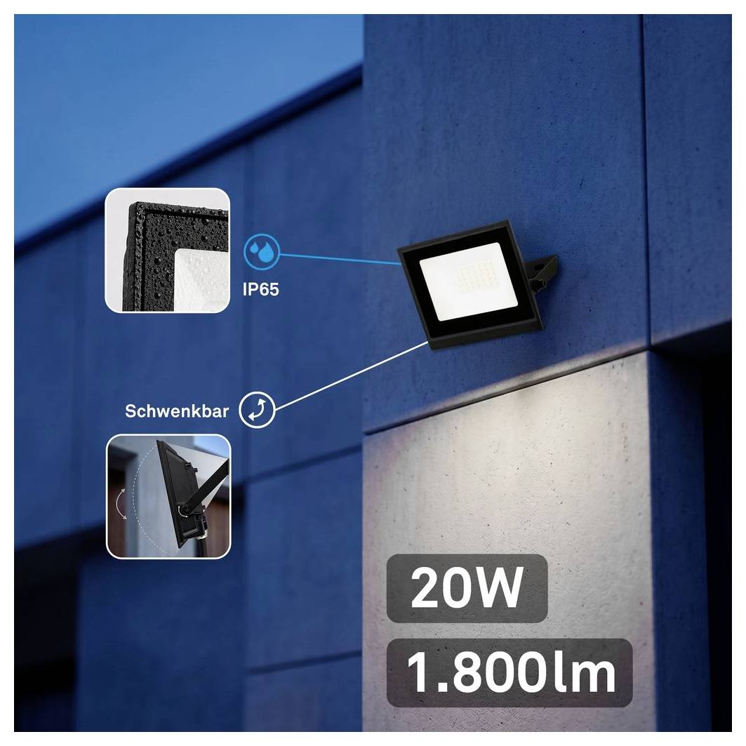 LED reflektor za vanjsku upotrebu na plavoj stijeni zgrade, označen sa IP65 i Schwenkbar, sa '20W' i '1.800lm' prikazanim kao ključne specifikacije.