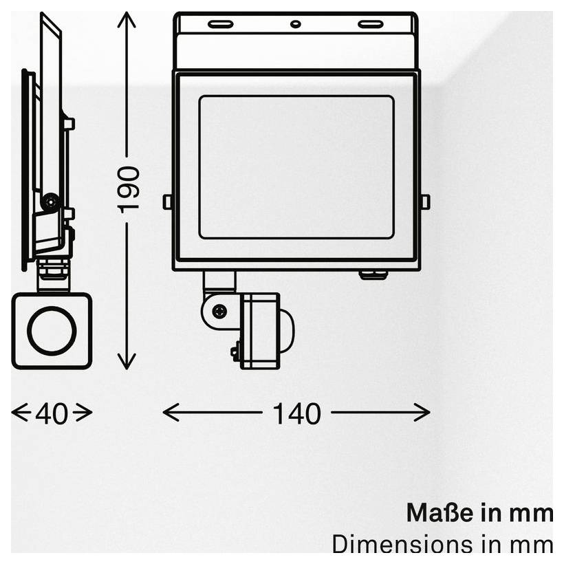 Dijagram dimenzija zidnog uređaja koji prikazuje bočni i prednji pogled, s mjerenjima od 190 mm visine, 140 mm širine i 40 mm dubine.