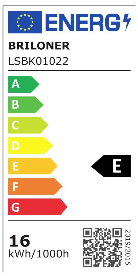 Energetska naljepnica za BRILONER LED žarulju, model LSBK01022, koja prikazuje razred učinkovitosti E i procijenjenu potrošnju 16 kWh/1000h.