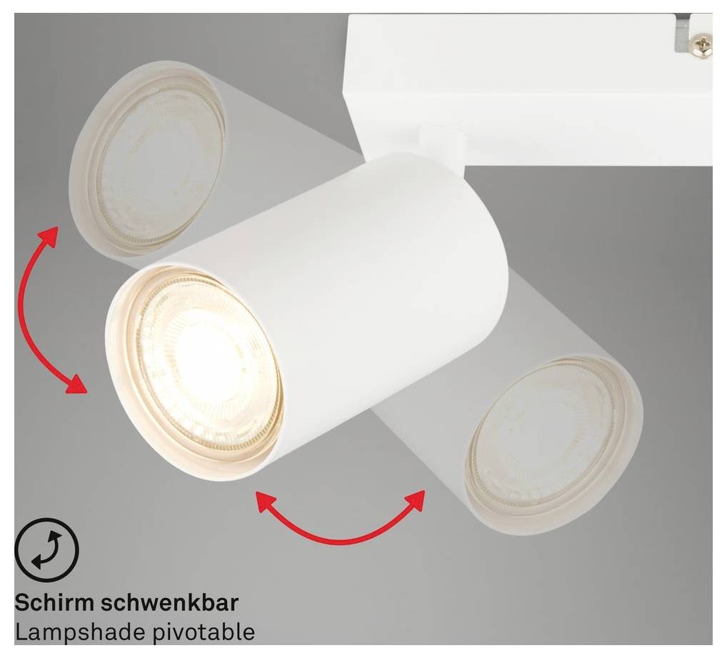 Bijela cilindrična reflektorska lampa s pokretnom senilom, prikazana kako se rotira u više smjerova; natpis glasi 'Schirm schwenkbar' i 'Senilo pokretno'.