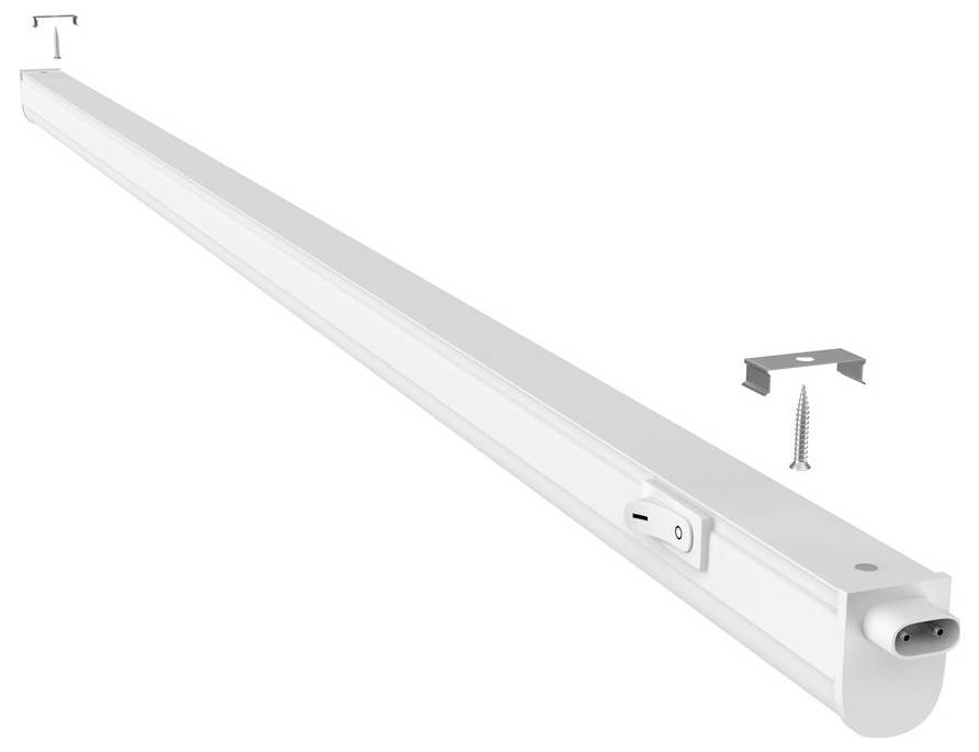 Bijela LED traka za ispod ormarića sa ugrađenim prekidačem napajanja, prikazana sa zagradom za montažu i vijkom za instalaciju.