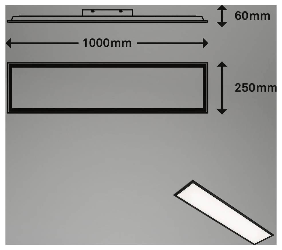 Dijagram pravokutne svjetlosne armature, širine 1000 mm i visine 250 mm, s dubinom od 60 mm prikazanom u bočnom pogledu.