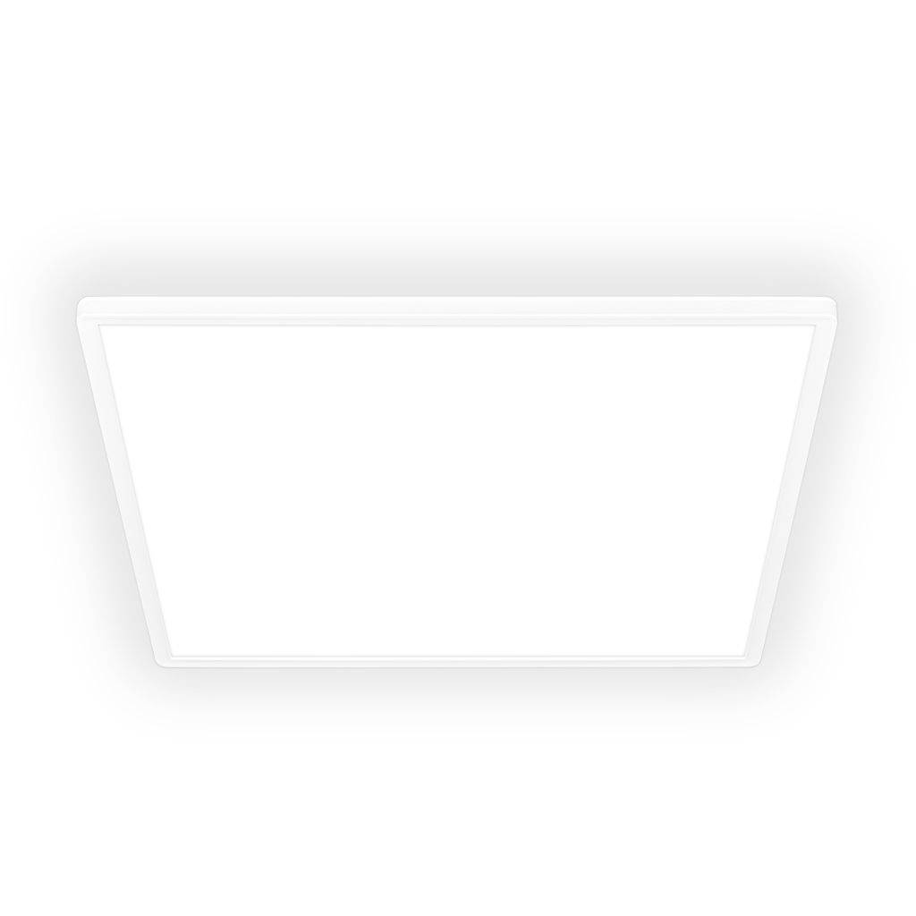 Bijeli pravokutni stropni LED panel viđen odozdo na jednostavnoj bijeloj pozadini.