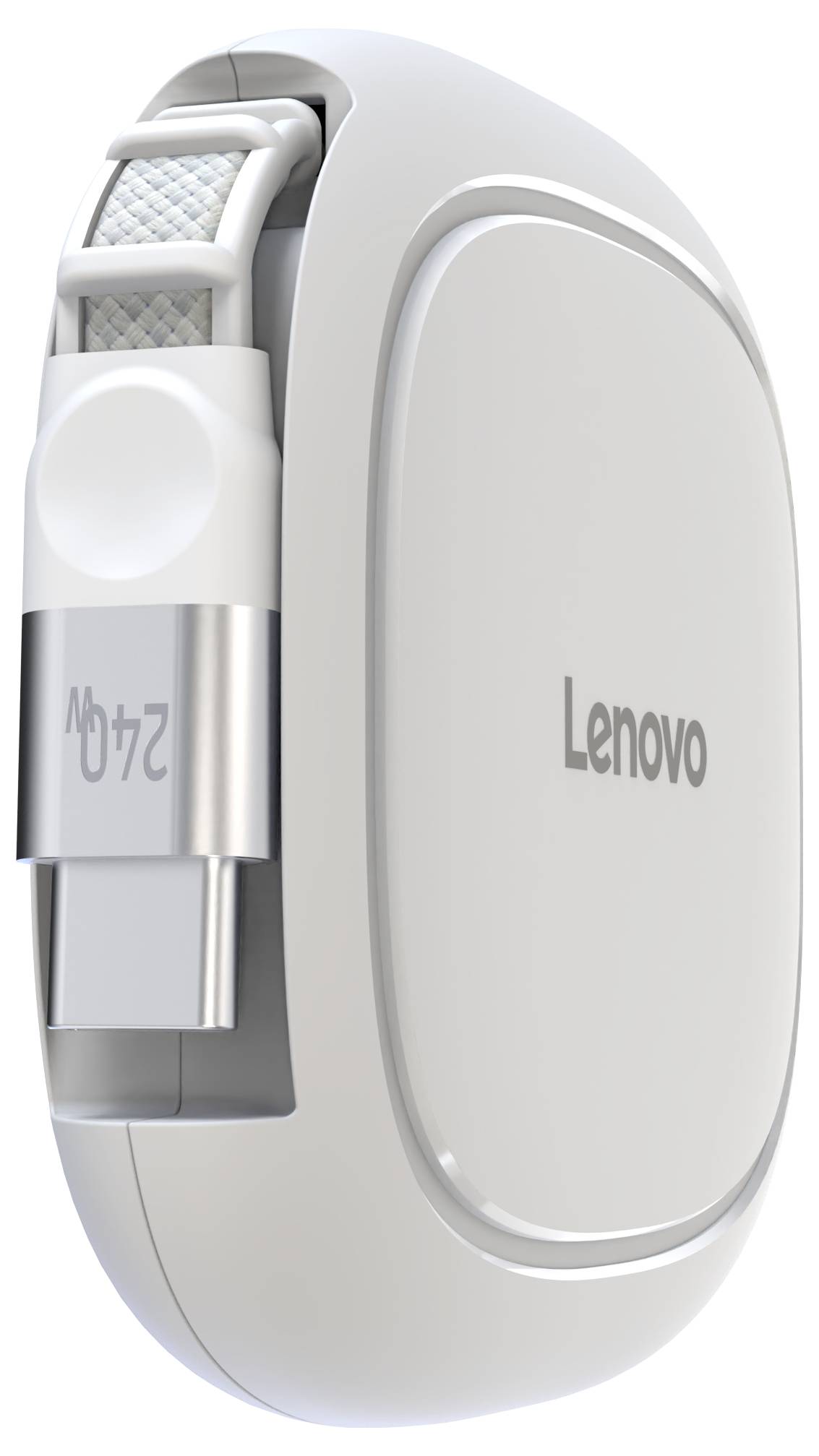 Bijela Lenovo kutija sa uvlačivim USB-C kabelom za punjenje sa vidljivim spiralnim kablom u unutrašnjosti.