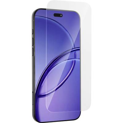 Prikaz smartphonea s prednje strane s plavoljubičastom apstraktnom pozadinom i zaobljenim pravokutnim prozirnim slojem koji pokazuje pristajanje zaštitnika ekrana.