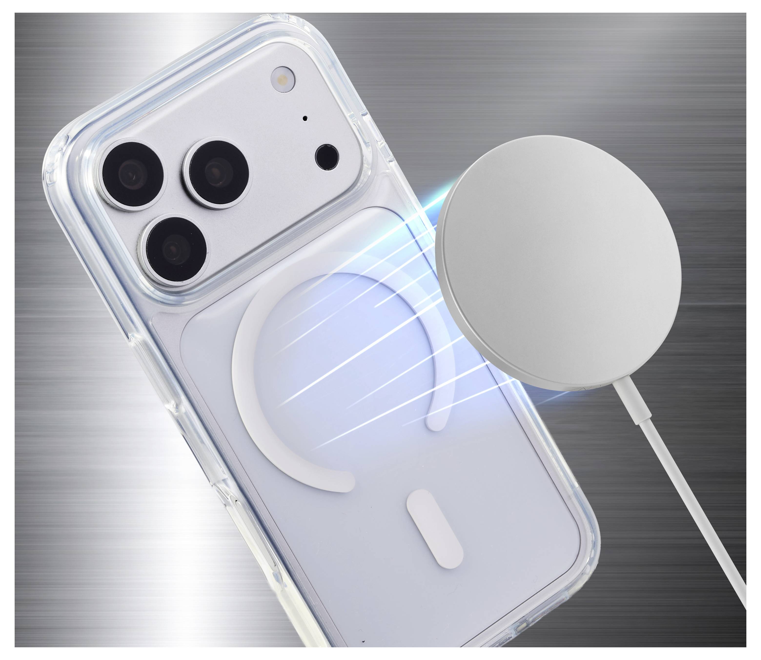 Bežično punjenje je prikazano na prozirnom pametnom telefonu, pri čemu podloga za punjenje šalje plave energetske linije prema stražnjoj strani telefona.