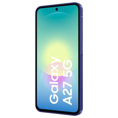 Prednji prikaz plavia Galaxy A27 5G pametnog telefona s prikazom rupičastog zaslona koji prikazuje prelazak od tirkizne do žute boje i tekst 'Galaxy A27 5G'.