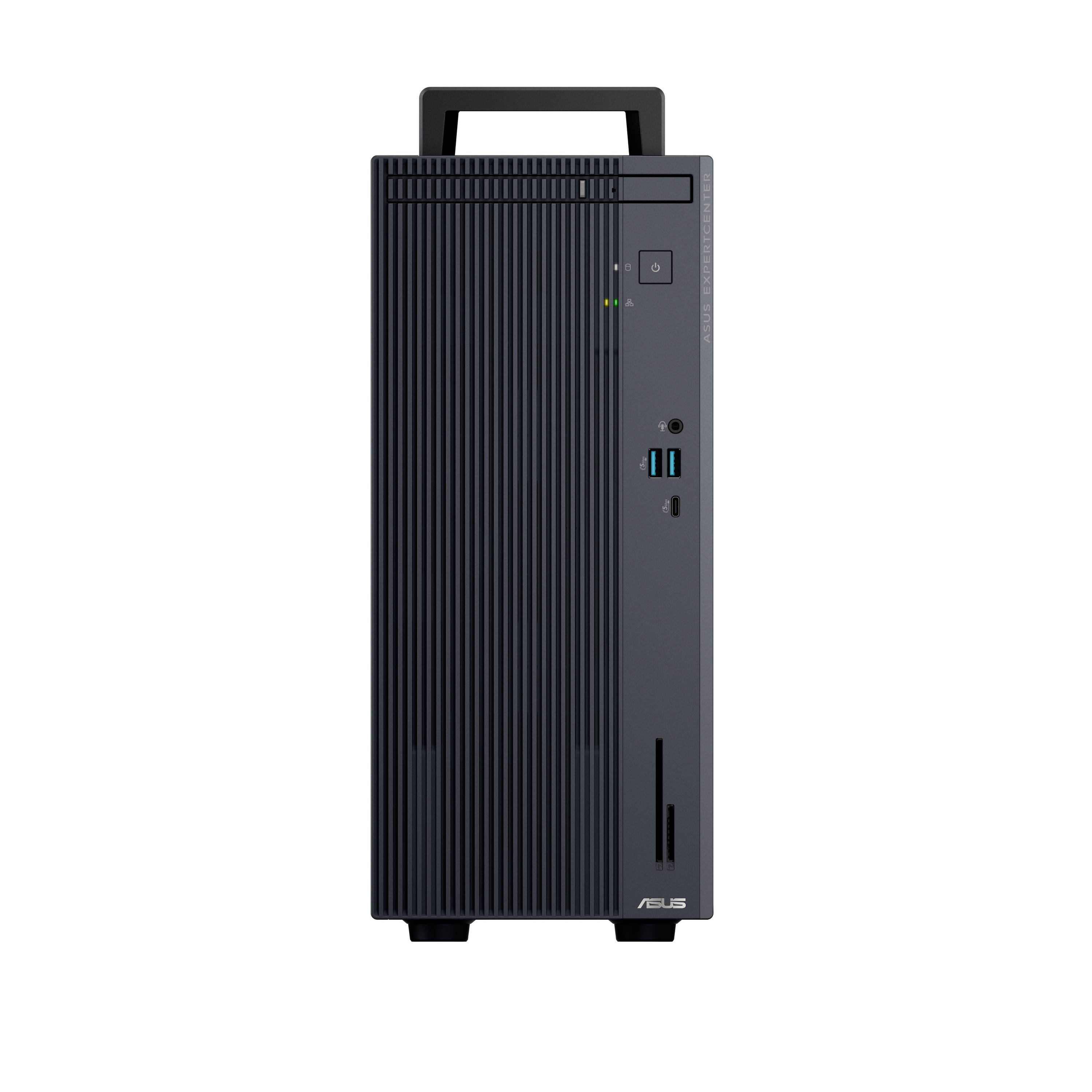 Crna ASUS stolna mini tower PC prikazana iz prednje strane s ručkom, gumbom za napajanje, USB portovima i utora za pogon na prednjoj strani.