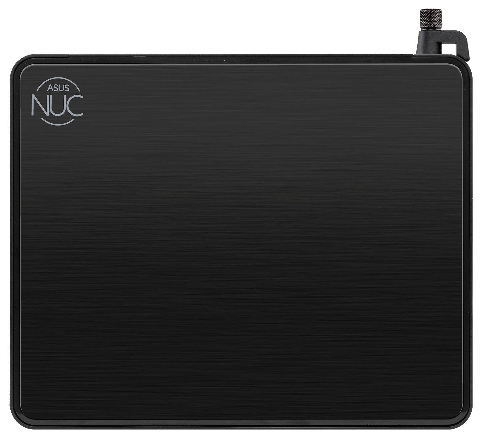 Crna ASUS NUC mini PC s čelnom panelom od matirane kovine, prikazana u kompaktnoj kvadratnoj kućištu na bijeloj pozadini.