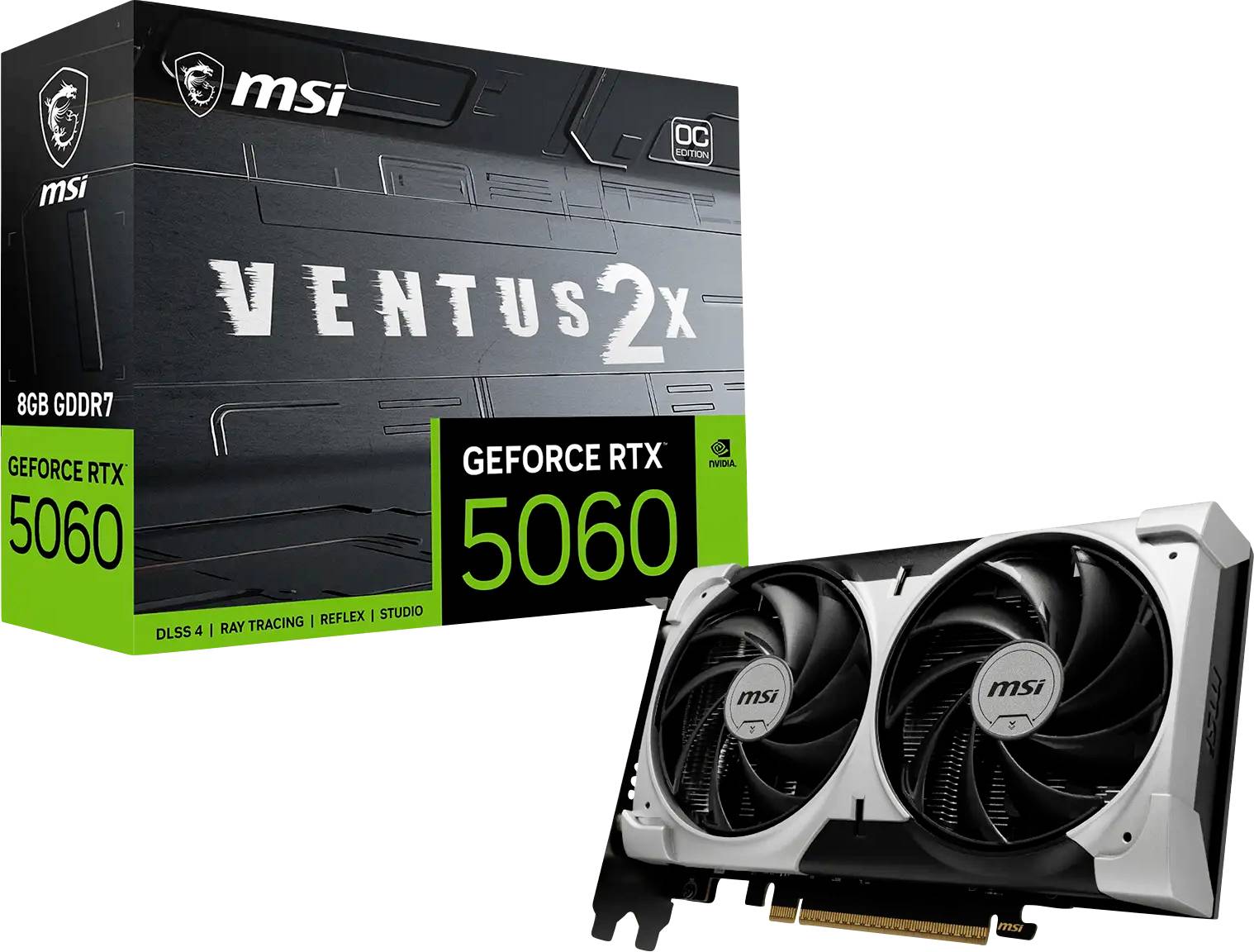 MSI Ventus 2X GeForce RTX 5060 grafička kartica prikazana sa svojom maloprodajnom kutijom, označena sa 8GB GDDR7 i OC.