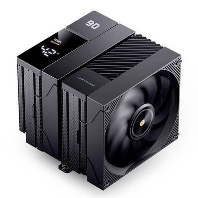 Crni toranj CPU hladnjak za zrak s dvostrukim nizom lamelica, velikim prednjim ventilatorom i gornjim digitalnim zaslonom koji prikazuje 42°C i branding '90'.