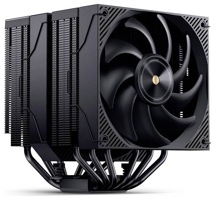 Crni CPU rashladni uređaj u stilu tornja s većim ventilatorom i naslaganim aluminjskim rebrama, prikazan na bijeloj pozadini.