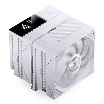 Srebrni CPU rashladitelj zraka s gornjim digitalnim prikazom temperature i velikim bočnim ventilatorom, prikazan na bijeloj pozadini.