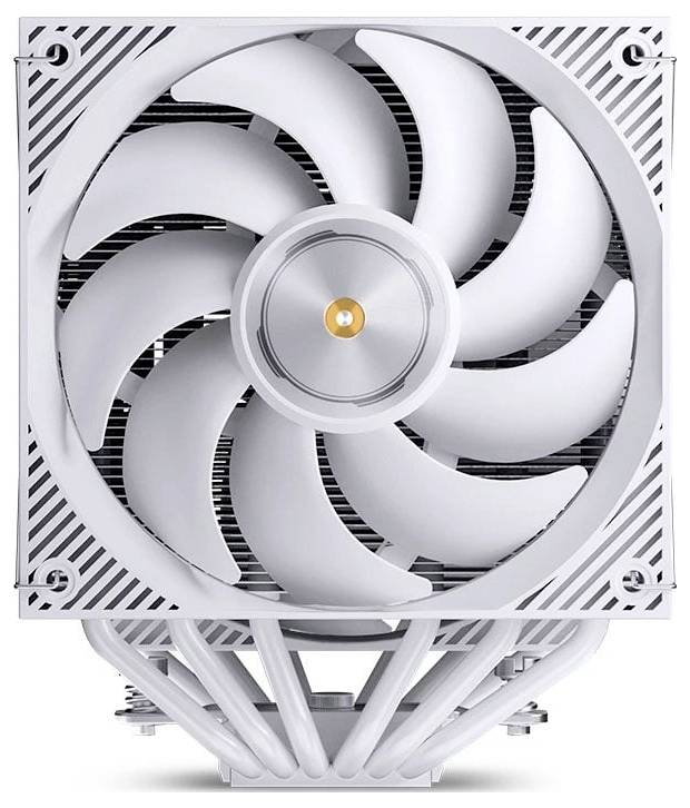 Bijeli računalni hladni ventilator sa sedam zakrivljenih lopatica i četiri kutna vijka, prikazan sprijeda s zaštitnom kvadratnom ramom.