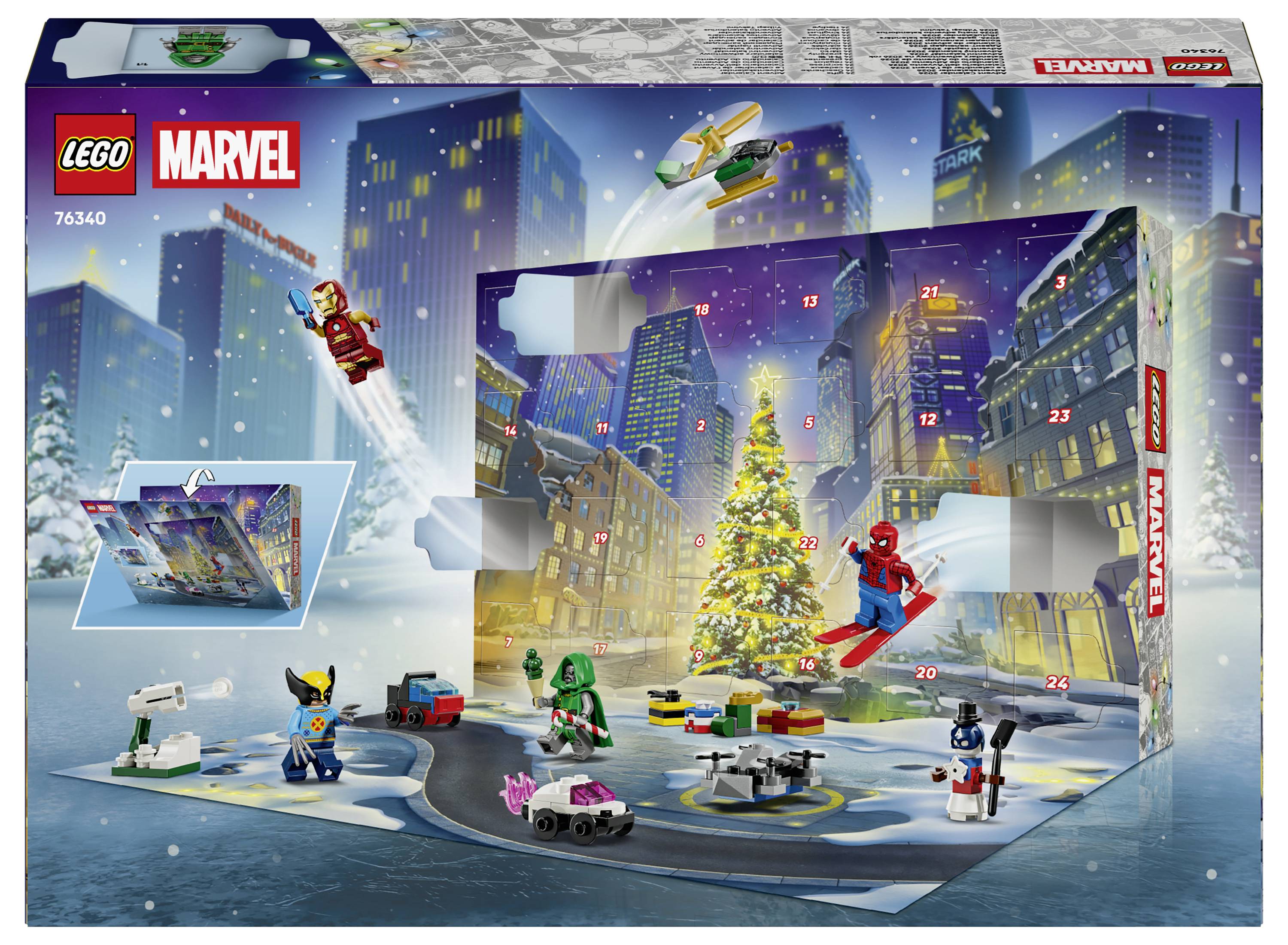 LEGO Marvel Avengers adventski kalendar sa kutijom prikazujući snježnu gradsku scenu s brojanim vratima, božičnom jelkom i minifigurama superheroja