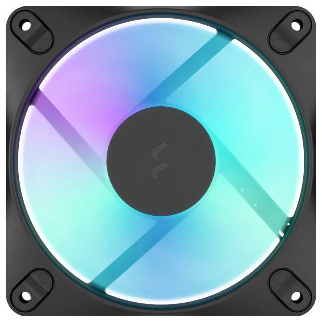Kvadratni PC hladnjak s duginim RGB svjetlosnim prstenom i crnim ugaonim nosačima na sivom okviru.
