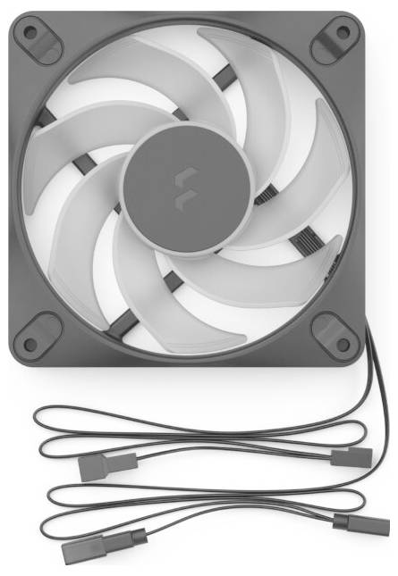 Hladnjačka ventilator za računalo s bijelim lopaticama i priloženim kabelom za napajanje i konektorima, prikazan slijeda sprijeda na običnoj pozadini.