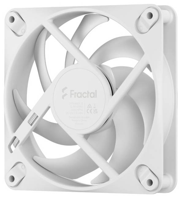 Bijeli rashladni ventilator za računalo marke Fractal sa kvadratnom ramom i dijagonalnim prednjim nosačima.
