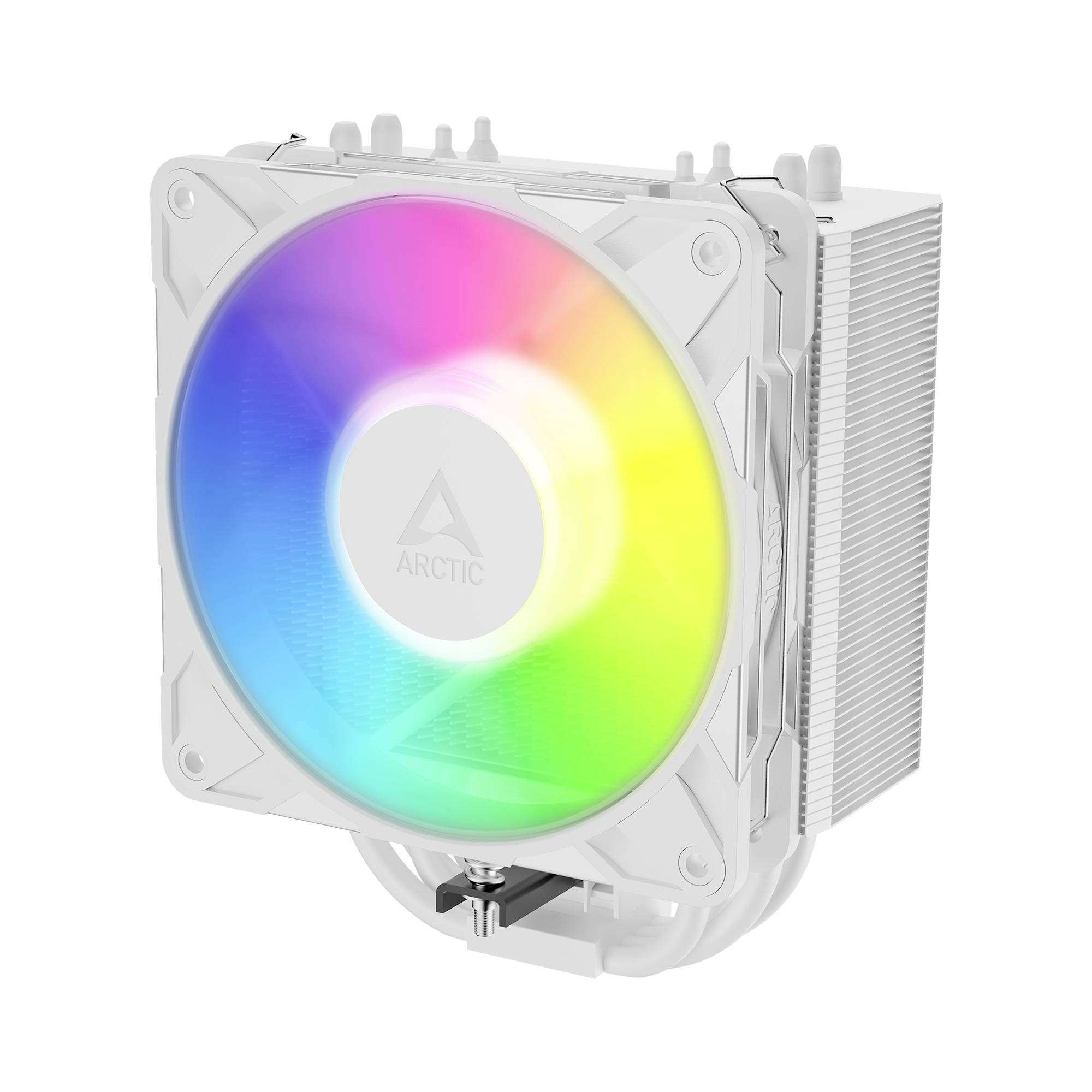 Bijeli ARCTIC CPU hladnjak s velikim dugastim RGB ventilatorom i aluminijskim hladnjakom, prikazan na bijeloj podlozi.