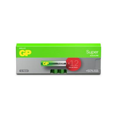 Kutija GP Super alkalnih baterija, označena sa AA x12 i '1.2 value pack', sa pozivom na '+50% više snage'.