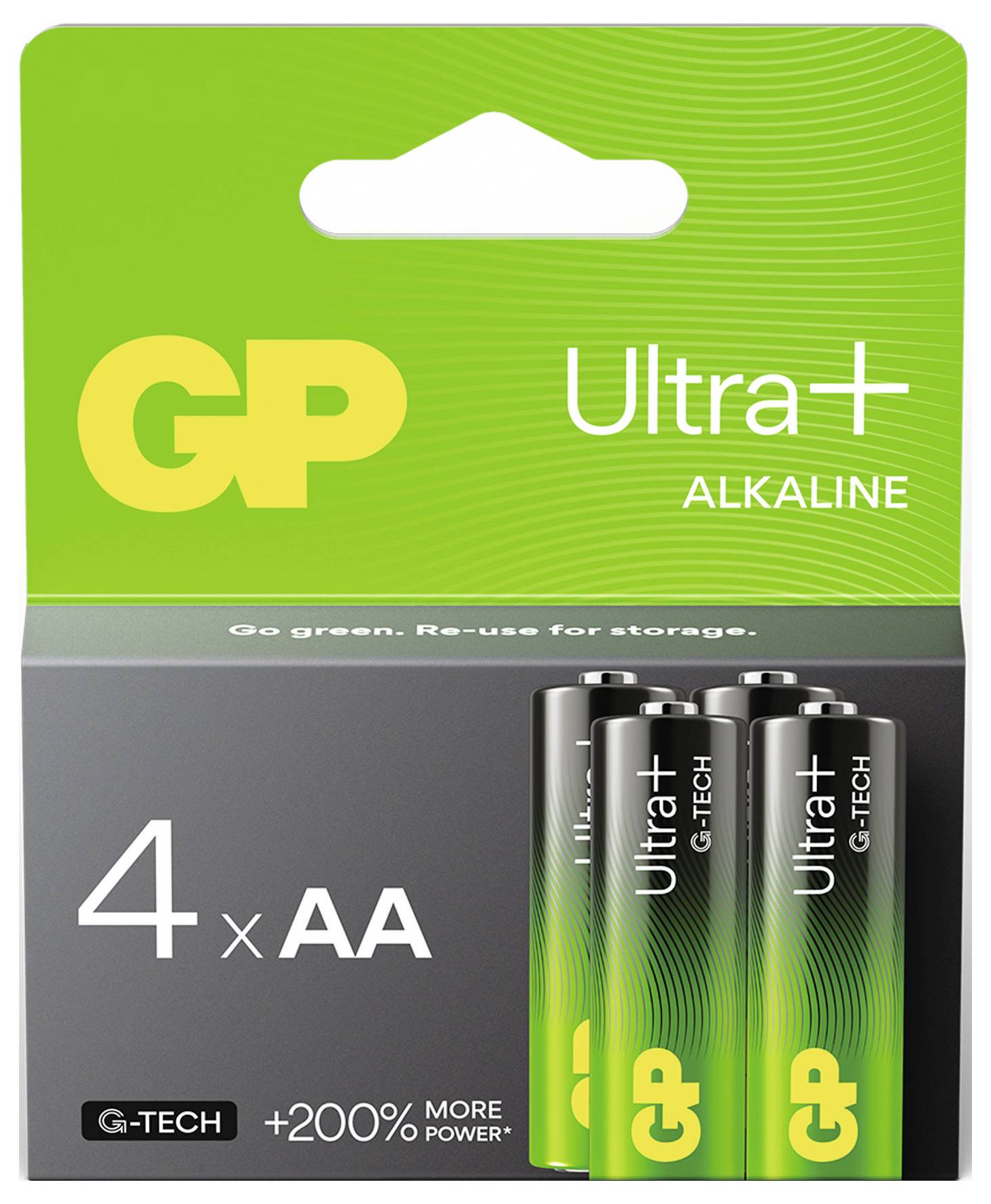 Pakovanje za GP Ultra+ alkalijske baterije, prikazuje 4 x AA baterije i tekst '+200% više energije' i 'Budi zelen. Ponovno koristi za spremanje.'