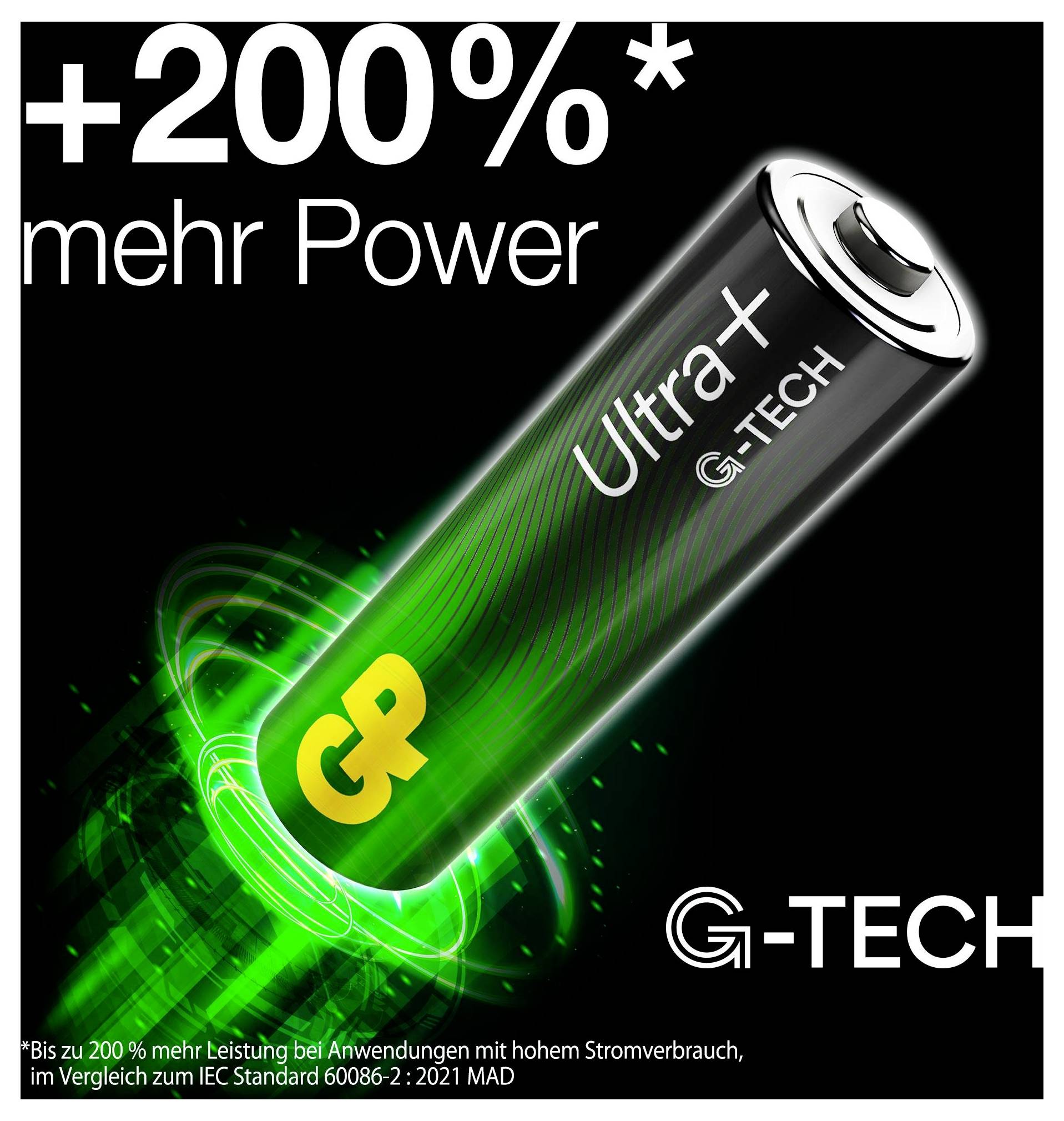 Promocijska slika baterije G-TECH Ultra+ sa svjetlećom zelenom energijom, označena sa '+200% više Snage' i 'G-TECH'.