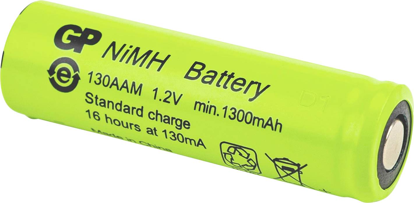 Zelena GP NiMH baterija označena '1300AAH 1.2V min.1300mAh' sa standardnim punjenjem '16 sati na 130mA' prikazana na bijeloj pozadini