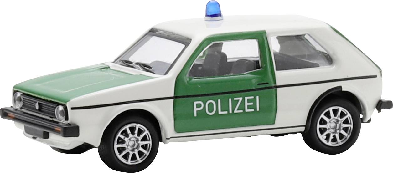 Bijeli i zeleni igračka policijski automobil s natpisom "POLIZEI" i plavom svjetiljkom na vrhu, prikazan na običnoj pozadini.
