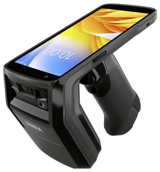 Crna Zebra ručni skener barkoda sa postoljem koje drži pametni telefon pod kutom, prikazujući zaslon telefona na vrhu.