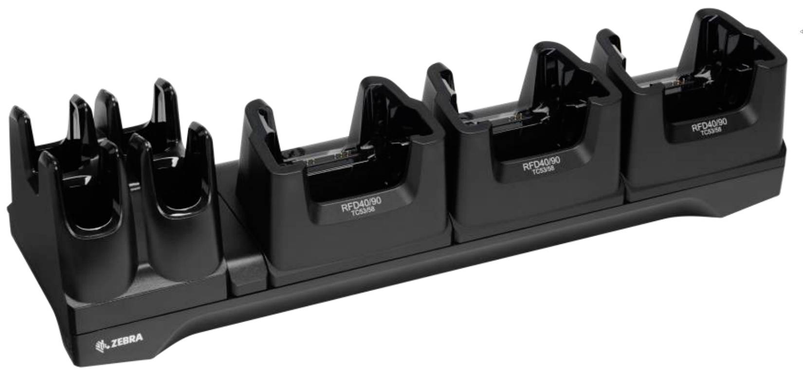 Black Zebra multi-slot charging dock za ručnih uređaja ili barcode skenera, s četiri uparena baja i oznakama indikatora na dugoj bazi.