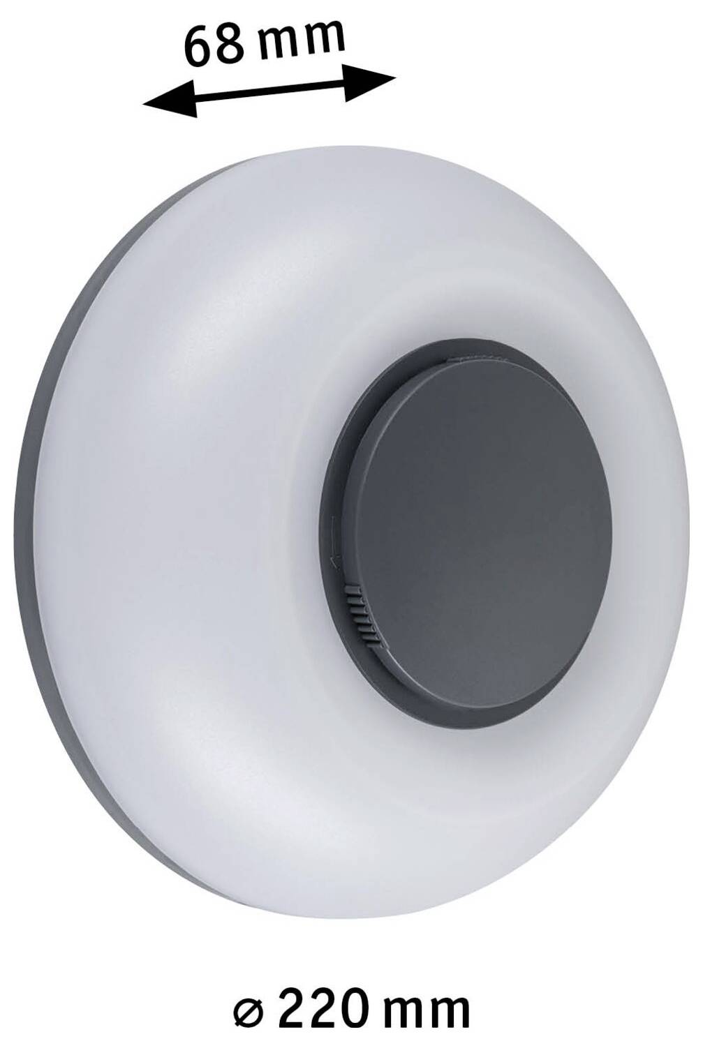 Okrugli srebrni zidno montiran gumb ili poklopac s crnim centrom; označen 68 mm poprečno i promjer 220 mm.
