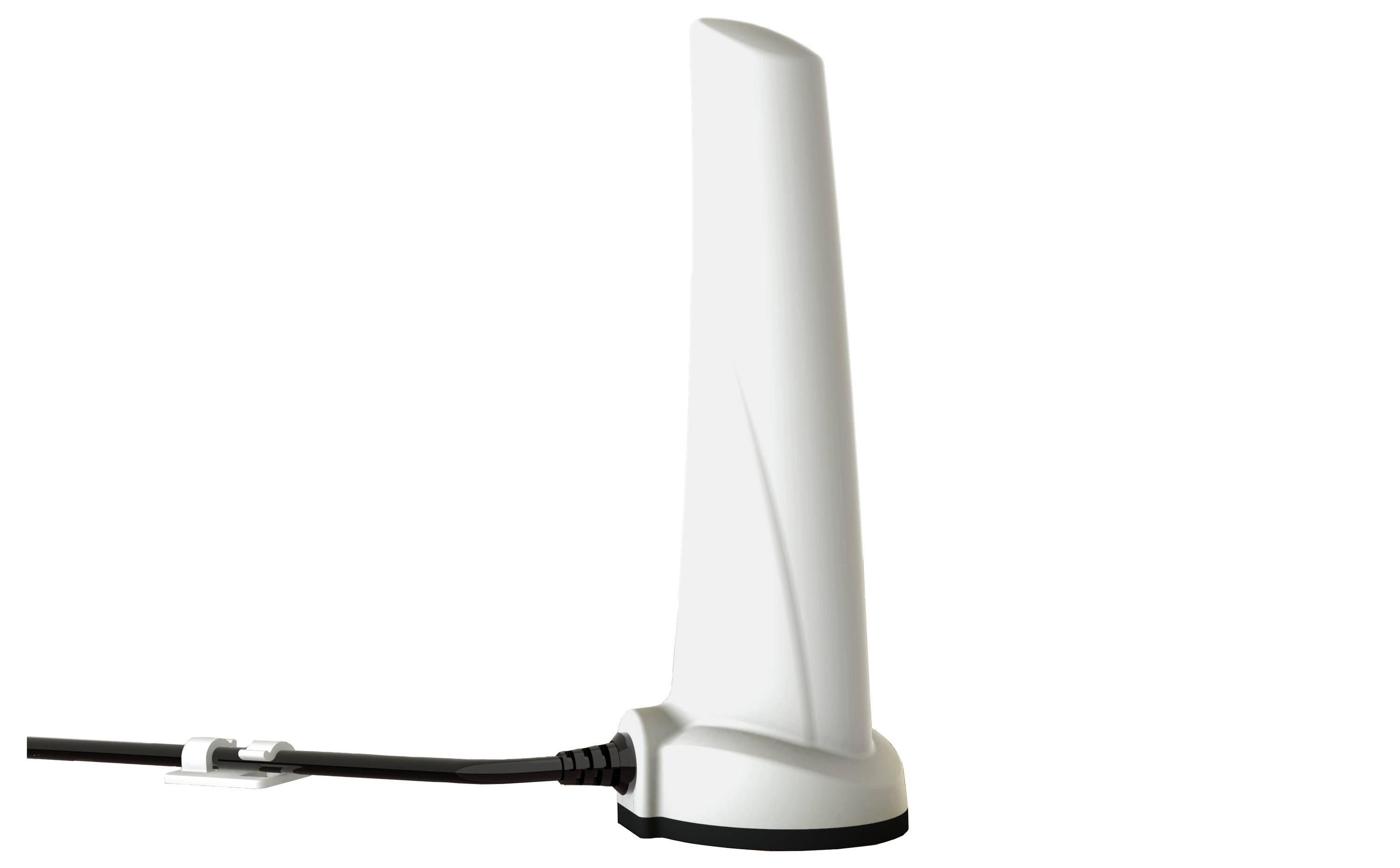 Bijela bežična antena ili modem s crnom kabelom spojen na bazi, prikazan na običnoj podlozi.