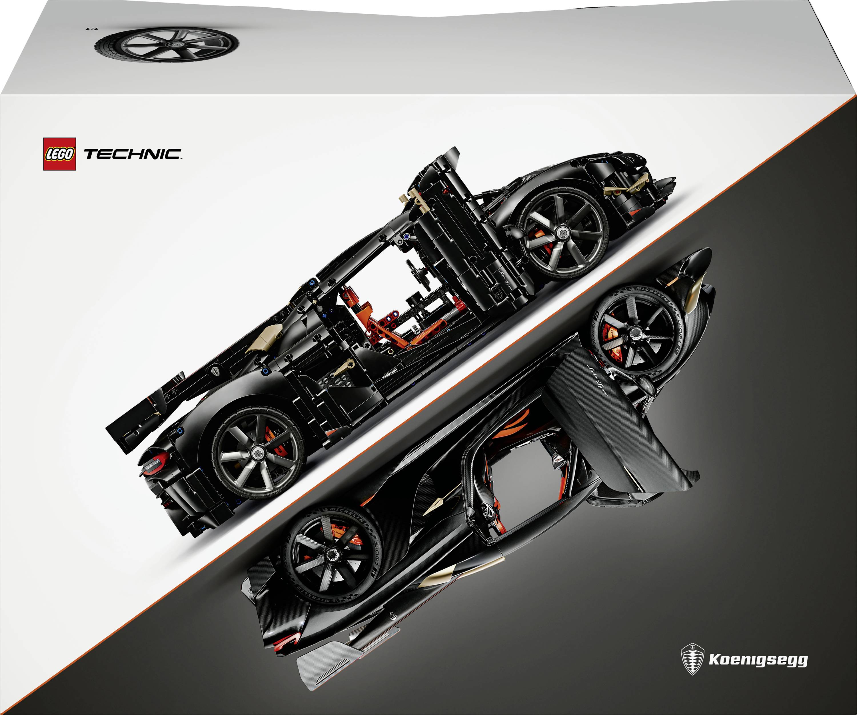 LEGO Technic Koenigsegg set kutije art koji prikazuje crni sportski automobil u dva kuta prikaza, jedan pokazujući šasiju i unutrašnjost.