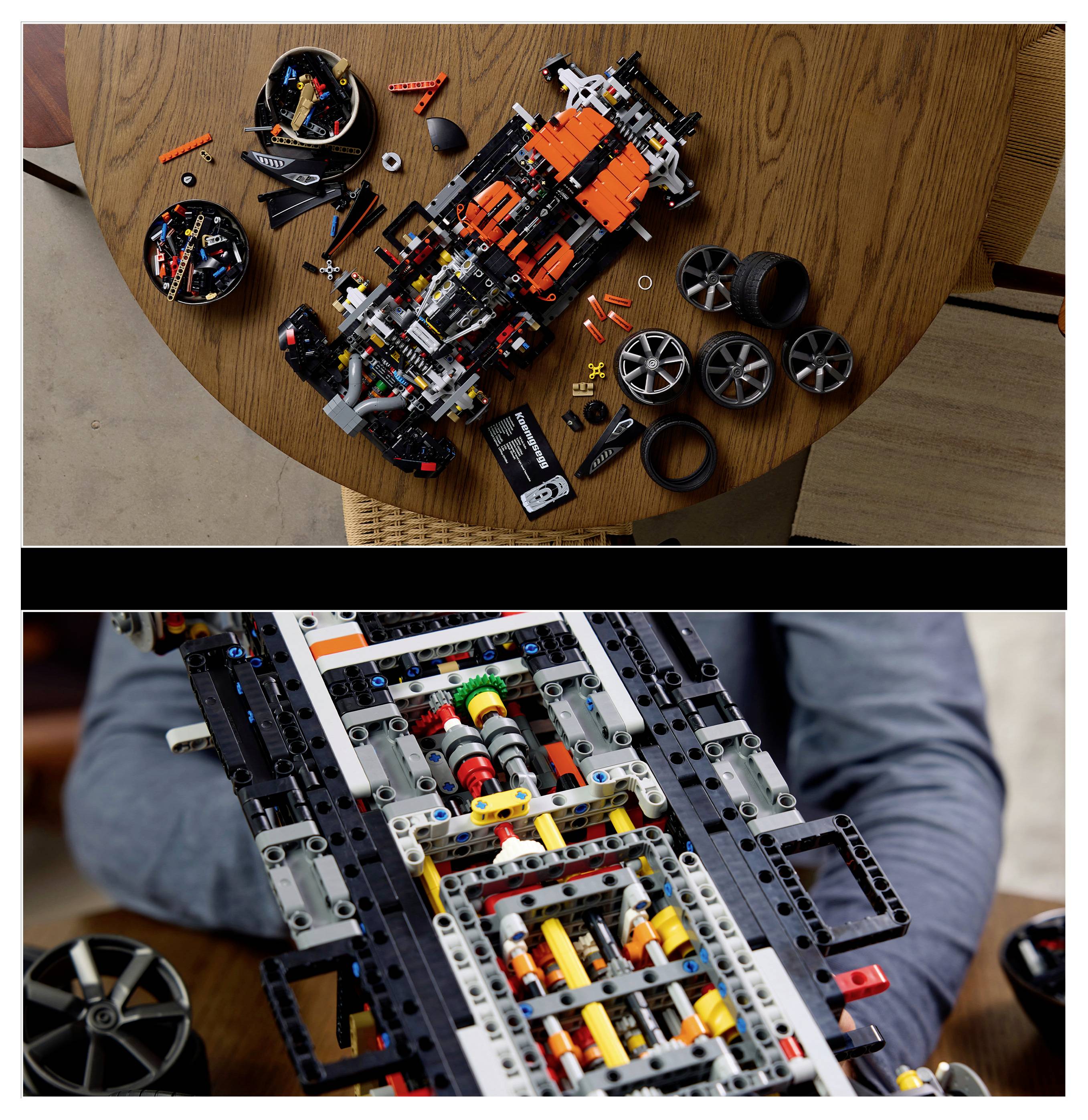 Dva pogleda na LEGO Technic model automobila: gornji dio prikazuje djelomično sastavljena šasija i odvučena kotača na stolu; donji dio prikazuje detaljan pogled na pogonski sustav koji se gradi.
