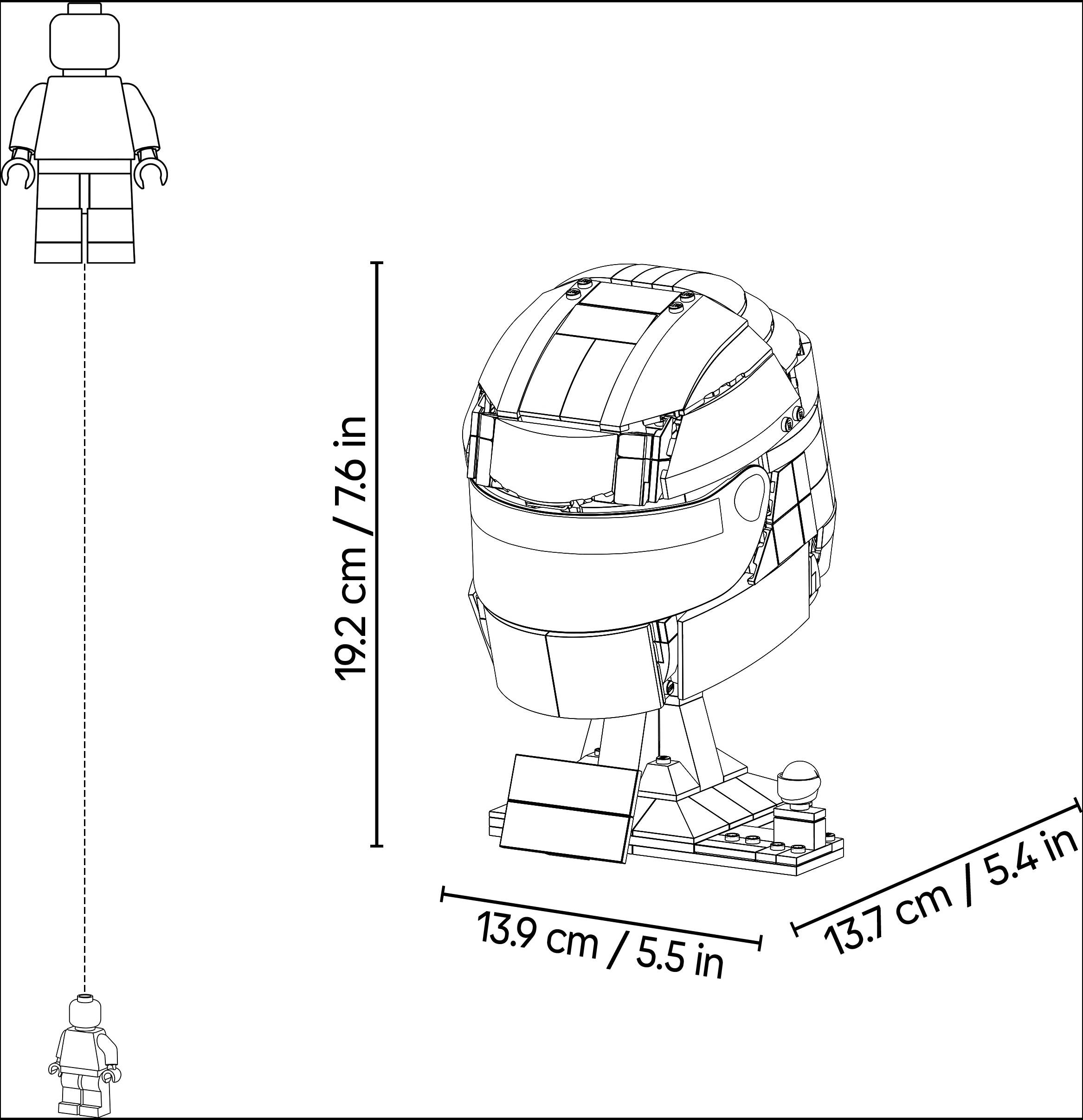 Tehnički crtež modela za prikaz LEGO-stila kacige s dimenzijama: 19,2 cm (7,6 in) visine, 13,9 cm (5,5 in) širine i 13,7 cm (5,4 in) dubine.