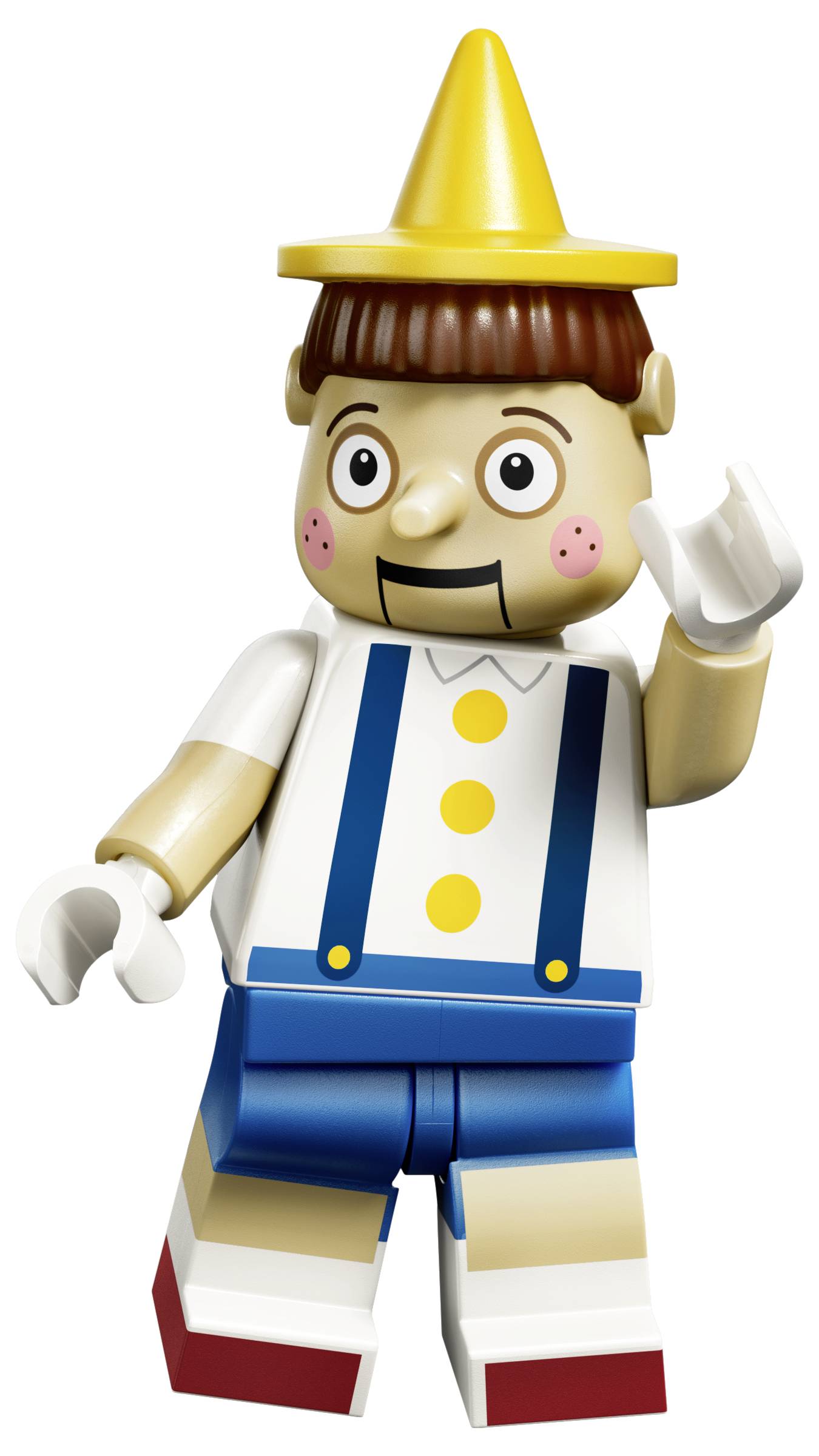 Igračka LEGO figurica odjevena kao klaun, sa žutom kapom, šminkom na licu, plavim trakama za suspenzore i jednom rukom podignutom u znak mahanja.