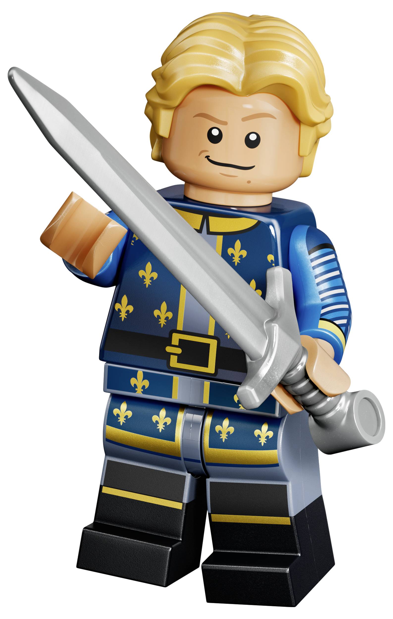 Lego-stilizirana figurica viteza u plavoj i zlatnoj oklopu koja drži veliki srebrni mač.