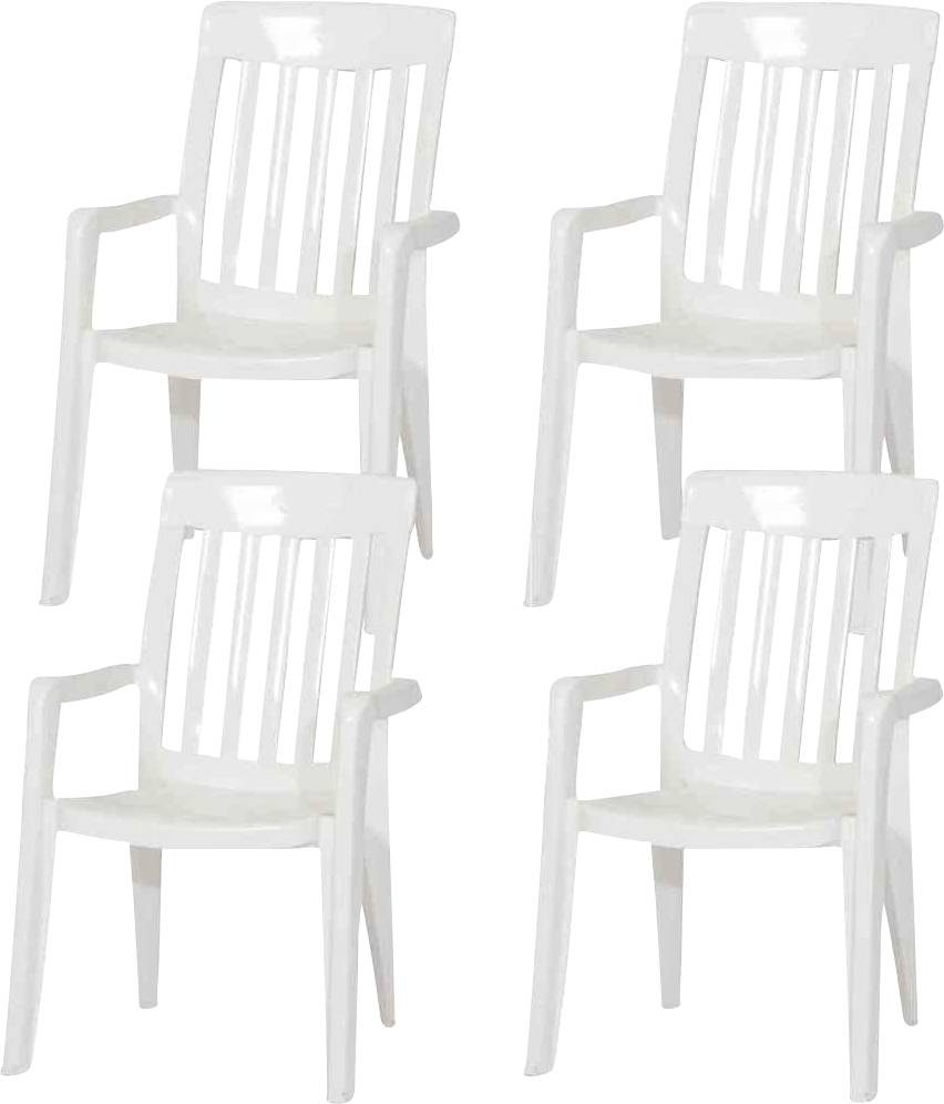 Četiri bijele plastične vrtne stolice raspoređene u mrežu 2x2 na običnoj pozadini.