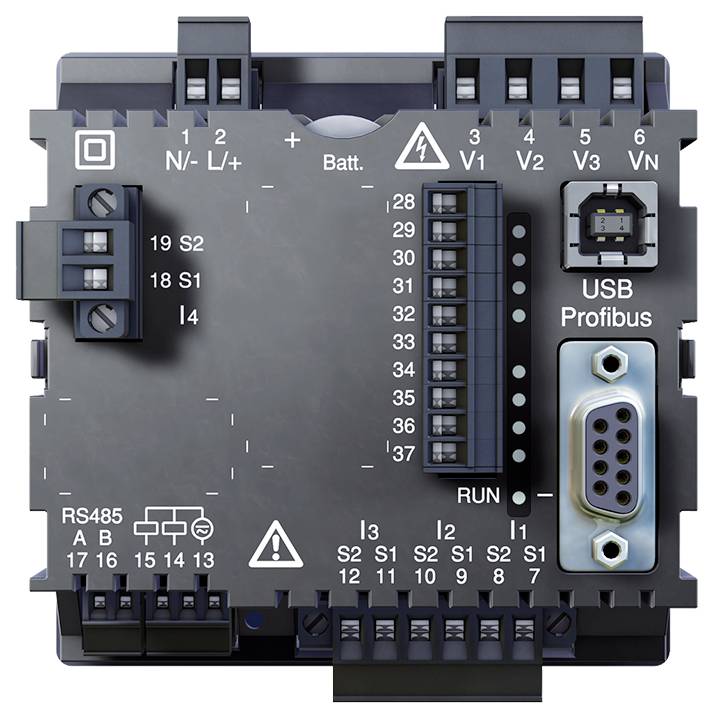 Detaljan prikaz industrijske kontrolne jedinice s označenim terminalima za žičane veze, USB Profibus priključkom, RS485 konektorom i indikatorima stanja.