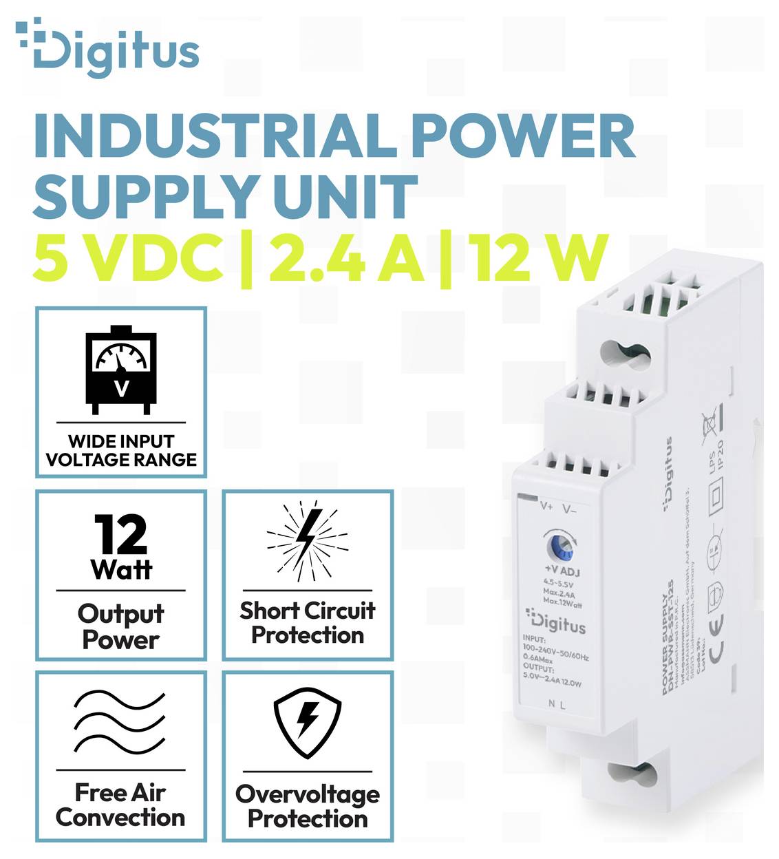 Digitus industrijska jedinica napajanja s 5 VDC, 2,4 A, 12 W; prikazuje širok raspon ulaznog napona, kratki spoj, prenapona i ikone slobodne konvekcije zraka.