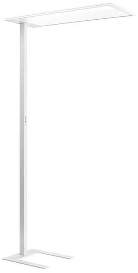 Minimalistična bijela podna lampa s visokim uspravnim stošcem i ravnomjetnim pravokutnim vrhom i bazom, prikazana izolirano na jednostavnoj pozadini.