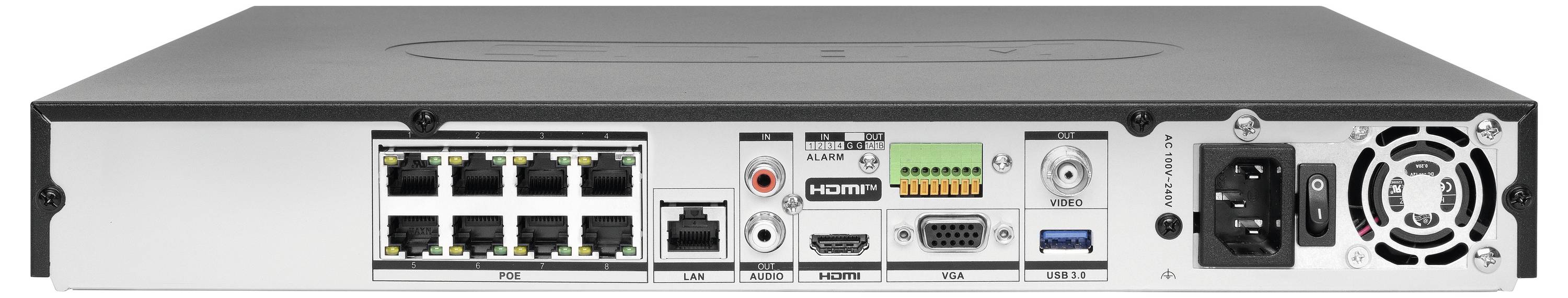 Pogled sa stražnje strane serverskog raka prikazujući osam portova Ethernet, audio, HDMI, VGA, USB, ulaz napajanja i ventilator za hlađenje.