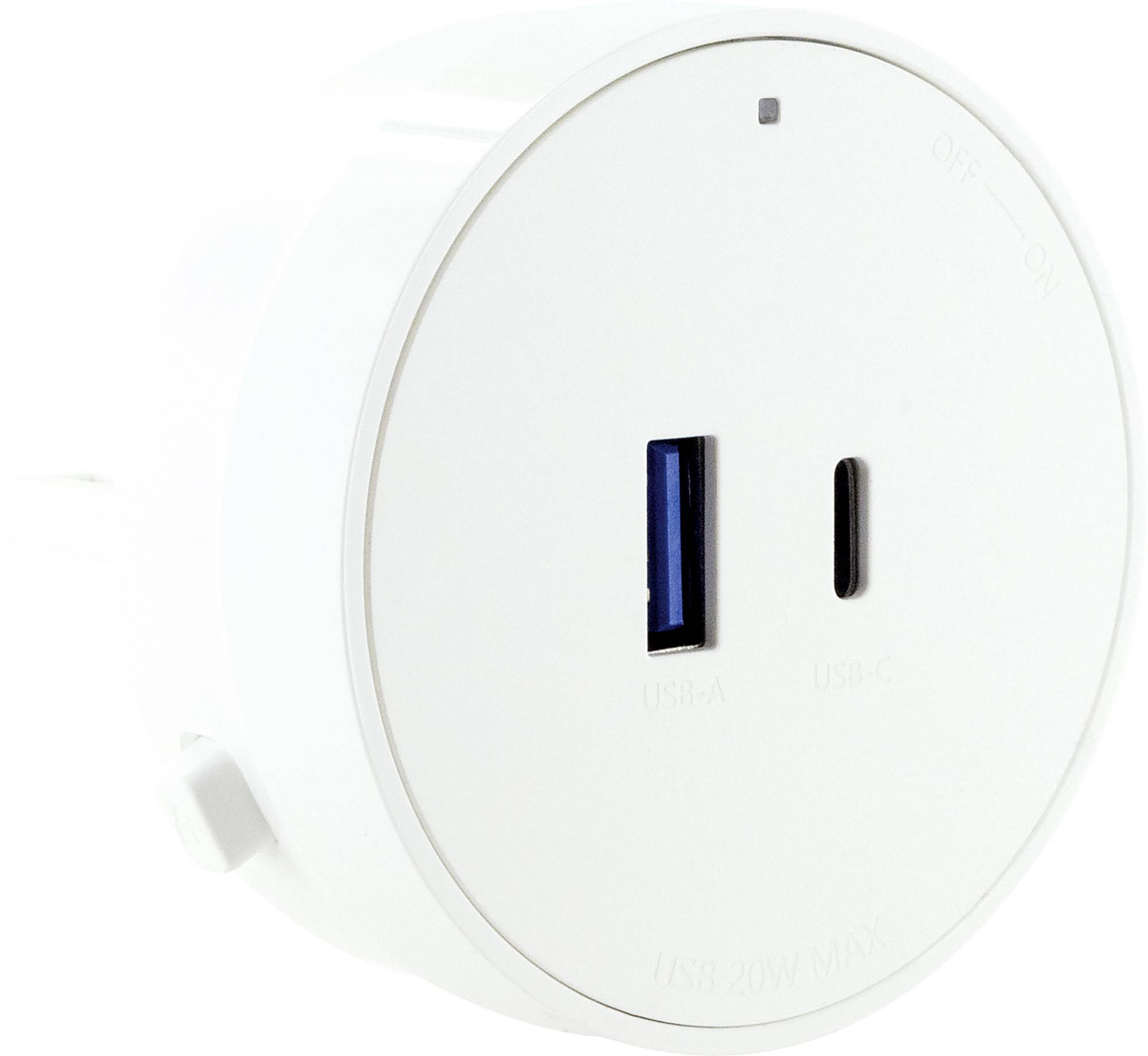 Bliski plan bijelog zidnog adaptera s jednom USB-A priključkom i jednim USB-C priključkom za punjenje uređaja.
