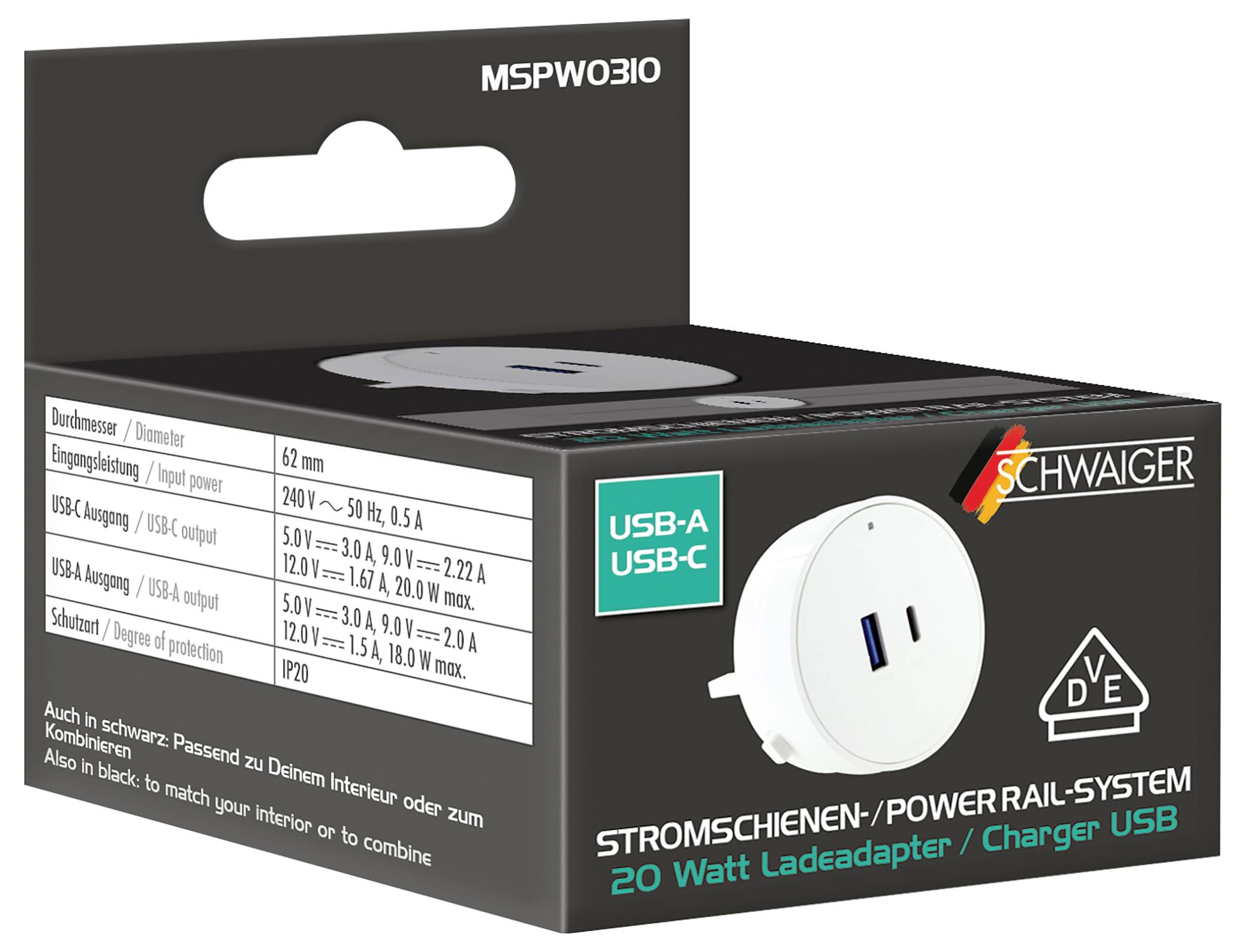 Kutija prijenosnog punjača Schwaiger s bijelim dualnim USB priključkom za zidnu utičnicu, označenim USB-A i USB-C, 20-vatni punjač na crnom pakiranju.