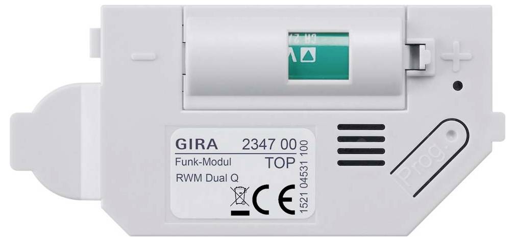 Bijeli GIRA Funk-Modul RWM DuO radio modul detektora dima s malim zaslonom, upravama plus i minus, te CE oznakom.
